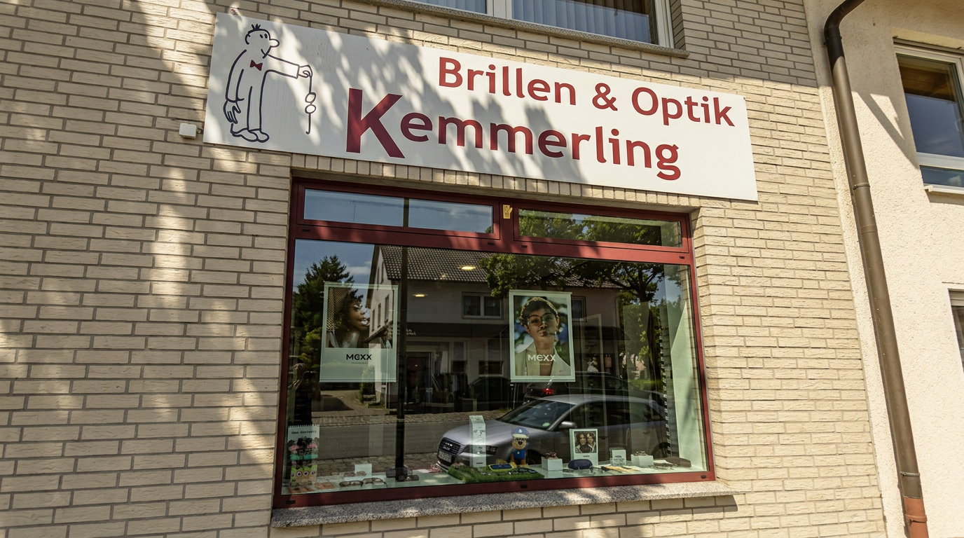 Schaufenster mit dem Schriftzug Brillen & Optik Kemmerling